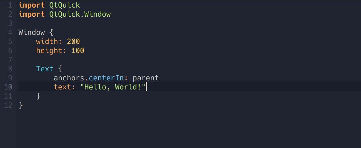 Screenshot of a Hello World-type QML source code example